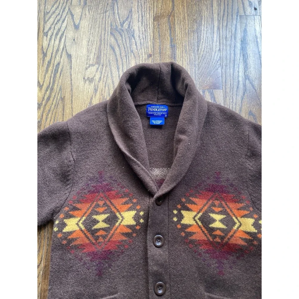 Pendleton Cardigan Sweater Womens XS Shawl Collar Aztec 100% Wool Chimayo Brown - Picture 4 of 9